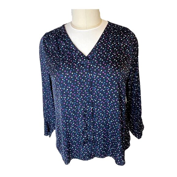 Jason Wu - Women's 1X Blouse Navy Polka Dot Long Balloon Sleeve V-Neck - Picture 2 of 13